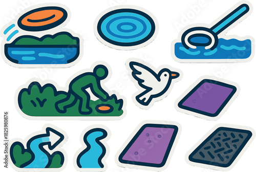 Colorful stickers of outdoor activities and nature in modern flat style