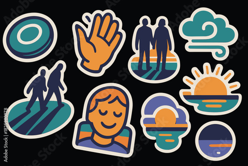 Colorful retro style stickers with sunset and cloud themes on black background