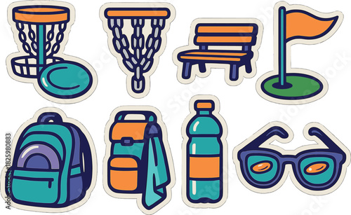 Colorful disc golf equipment and accessories stickers on gradient background