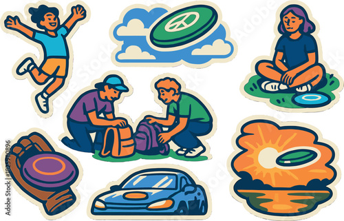Playful frisbee adventure stickers with colorful cartoon characters and outdoor scenes