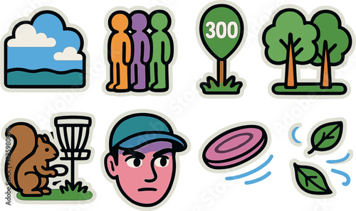 Colorful disc golf collection with cartoon icons and characters