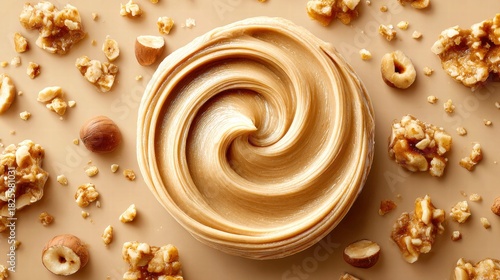 Swirled peanut butter with hazelnuts and brittle on a beige background.