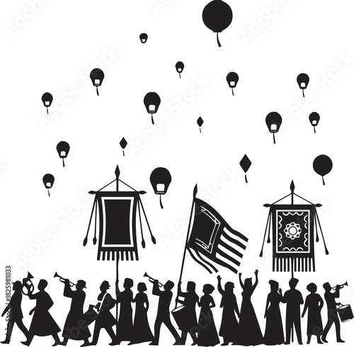 Silhouette of a parade with flags banners and lanterns in the sky