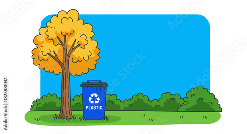 A vivid cartoon illustration shows a blue plastic recycling bin placed outdoors next to a beautiful tree and green bushes, symbolizing environmental care.