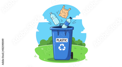 A clear illustration depicts plastic bottles and a bag being properly sorted into a blue recycling bin, highlighting the importance of environmental sustainability.