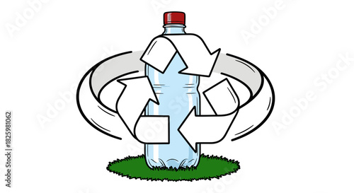An illustrative graphic depicts a clear plastic water bottle surrounded by a circular recycling symbol, emphasizing environmental sustainability and waste reduction efforts.