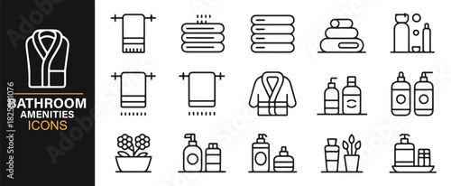 Vector icon set illustrating towels, skincare bottles, and bath essentials