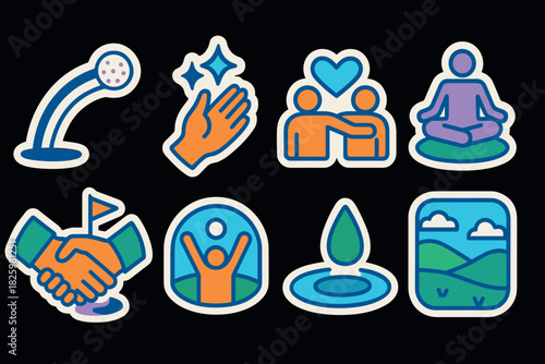 Wellness and mindfulness icons set with colorful outline on black background