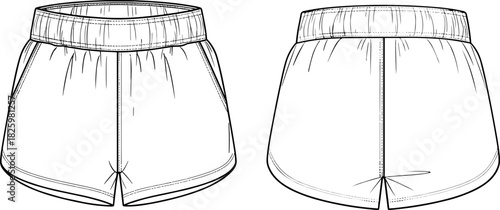 Athletic shorts technical fashion sketch, front and back view, elastic waistband, curved hem, visible stitching, garment construction,