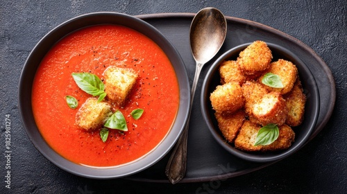 Fototapeta Naklejka Na Ścianę i Meble -  Tomato soup with croutons and basil served with fried cheese bites.