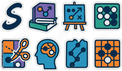 Colorful strategic planning and game theory icons on gradient background