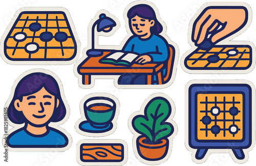 Colorful sticker set featuring board game, study scene, and daily life icons