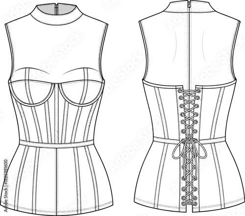 Structured sleeveless corset top technical fashion sketch, front and back view, high neckline, lace-up back, zipper closure, garment construction, vector illustration,