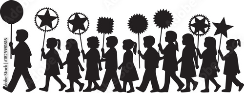 Children marching in a parade holding various shapes and objects