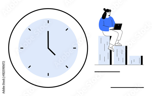 Woman seated on a bar graph with a laptop, large clock nearby symbolizing time tracking. Ideal for productivity, workflow, time management, efficiency, planning, multitasking business. Simple flat