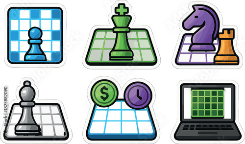 Colorful chess icon set with 3d grid design featuring game pieces and symbols
