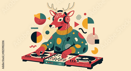 Deer DJ Mixing Music with Turntables and Headphones.