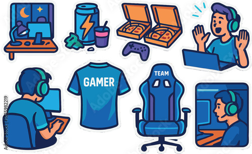 Gamer night sticker set featuring pizza, headphones, and consoles in vibrant colors