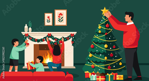 Family Decorating Christmas Tree and Fireplace for Holiday Season.