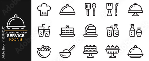 Clean line-style culinary icons featuring serving domes, utensils, and drinks