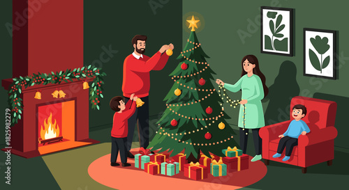 Family Decorating Christmas Tree Together in Cozy Living Room.