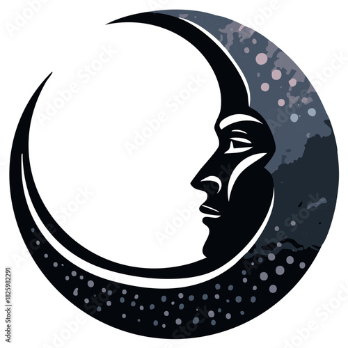 Stylized crescent moon with serene human face in profile, celestial night sky illustration