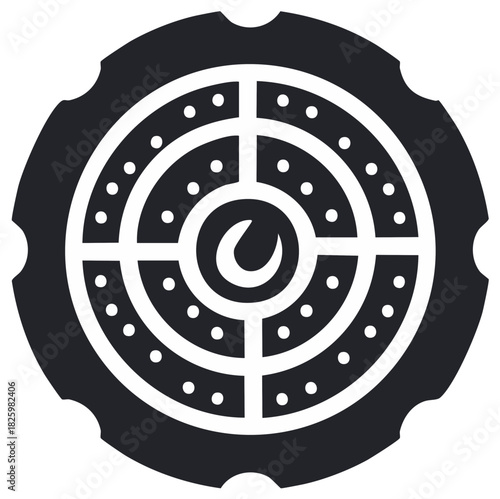 Stylized Circular Metallic Grate With Inner Crescent Detail