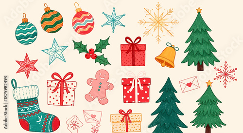 Festive Christmas Elements - Ornaments, Gifts, Trees, and Holiday Cheer.