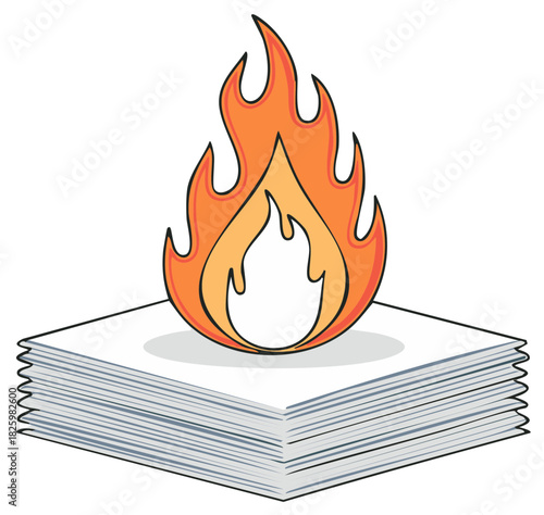 Colorful cartoon fire flame on a pile of papers representing urgent news