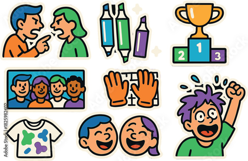 Colorful sticker style cartoon characters and objects collection