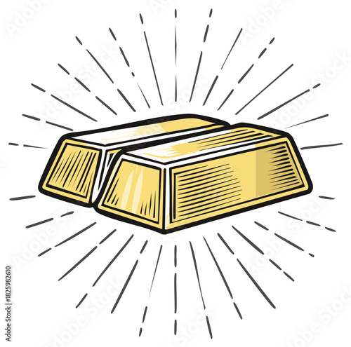 Two shiny gold bars with radiating lines symbolizing wealth and success