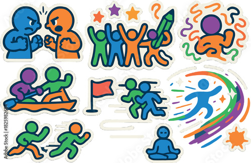 Colorful human figures engaged in various activities with vibrant backgrounds