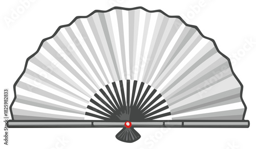 Traditional Asian folding hand fan illustration in grayscale with a red accent