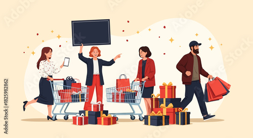 Festive Shopping Spree - Customers with Gifts and Electronics.
