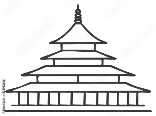 Line art of a stylized pagoda structure shows cultural elements with an architectural presence