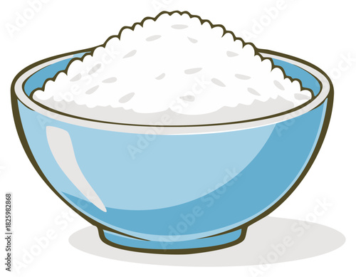 Cartoon illustration of a light blue bowl overflowing with fluffy white cooked rice asian food staple
