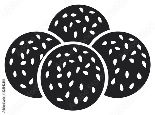 Stylized illustration of sesame seed buns in black and white.