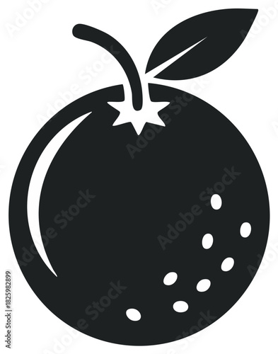 Orange fruit with stem and leaf in black and white simple illustration