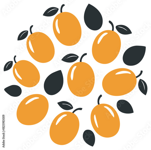 Abstract pattern of orange plums with dark leaves and seeds in a circular arrangement