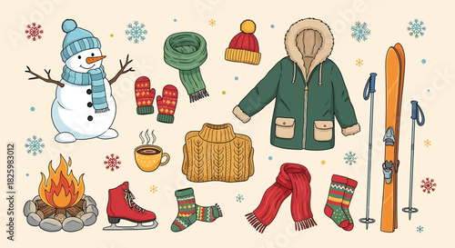 Winter Holiday Essentials - Cozy Clothes, Snowman, and Warmth.