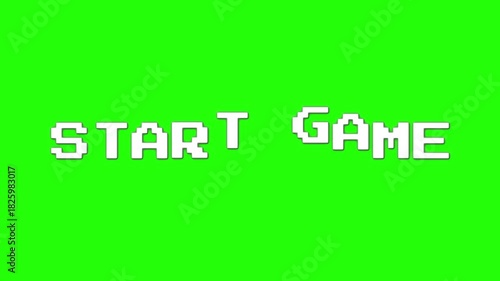 Start Game pixels text animation on green background, retro 8-bit arcade typography, classic pixel gaming intro screen, vintage start message for video games, streaming overlays, gamer UI and content