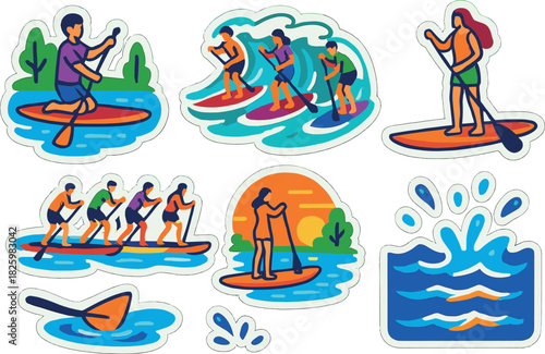 Paddleboarding adventure stickers with colorful graphics and sunset
