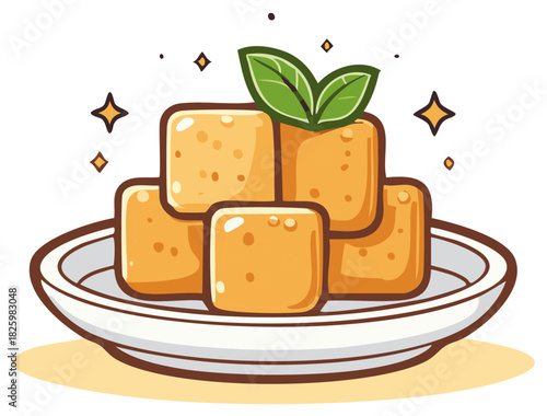 Delicious golden fried tofu cubes with fresh green leaves on a white plate