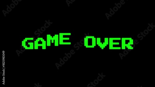 Game Over pixels text animation on black background, retro 8-bit glitch typography, classic arcade gaming screen, pixelated ending message for video games, streaming overlays and gaming content