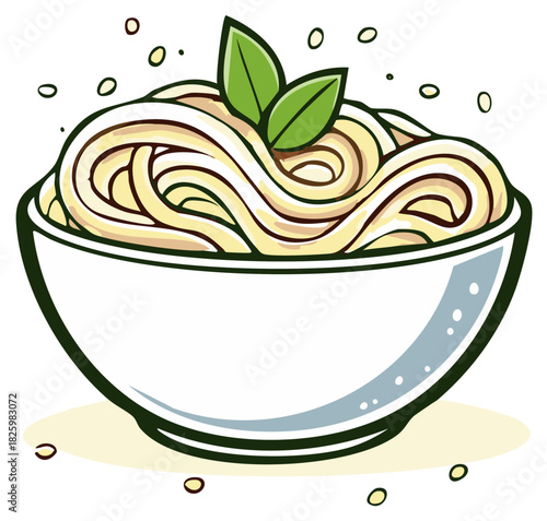 Bowl of spaghetti noodles with leaves isolated vector illustration, fresh pasta dish isolated