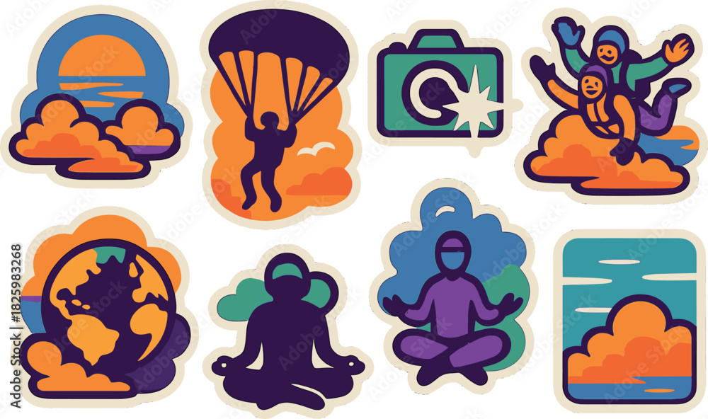 Fototapeta premium Colorful adventure and meditation sticker set with sunset and globe designs