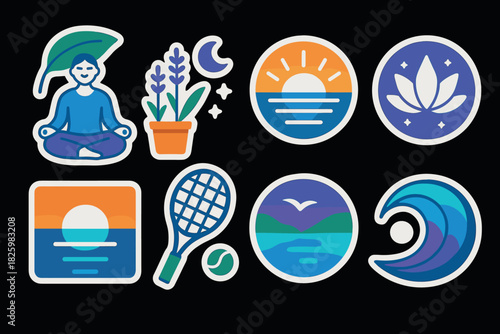 Vibrant meditation and nature icons with relaxing colors