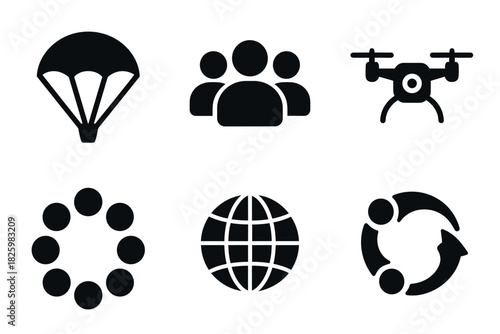 Minimalist black icons: parachute, people, drone, loading, globe, recycling