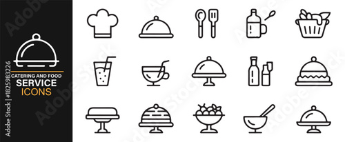 Food service icon collection illustrating beverages, platters, and cookware