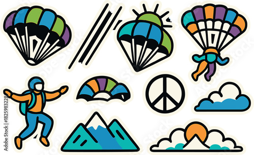 Colorful parachuting adventure stickers featuring mountains and peace symbol